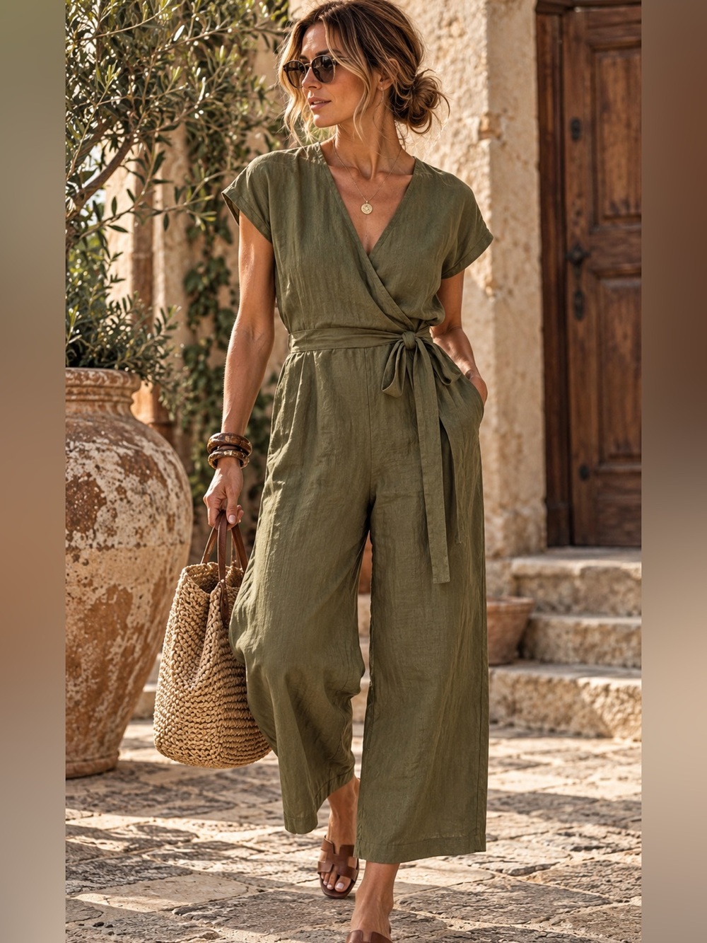 Artemesia Olive XS 100% Linen Wrap Jumpsuit Wide Leg European Tuscan Boho